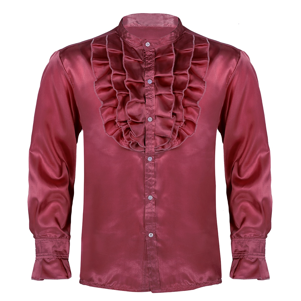 Vêtements pour hommes Hip Hop fête Clubwear soie col montant avant à volants bouton bas Slim Fit Vintage mariage smoking robe chemises: Wine Red / XXL