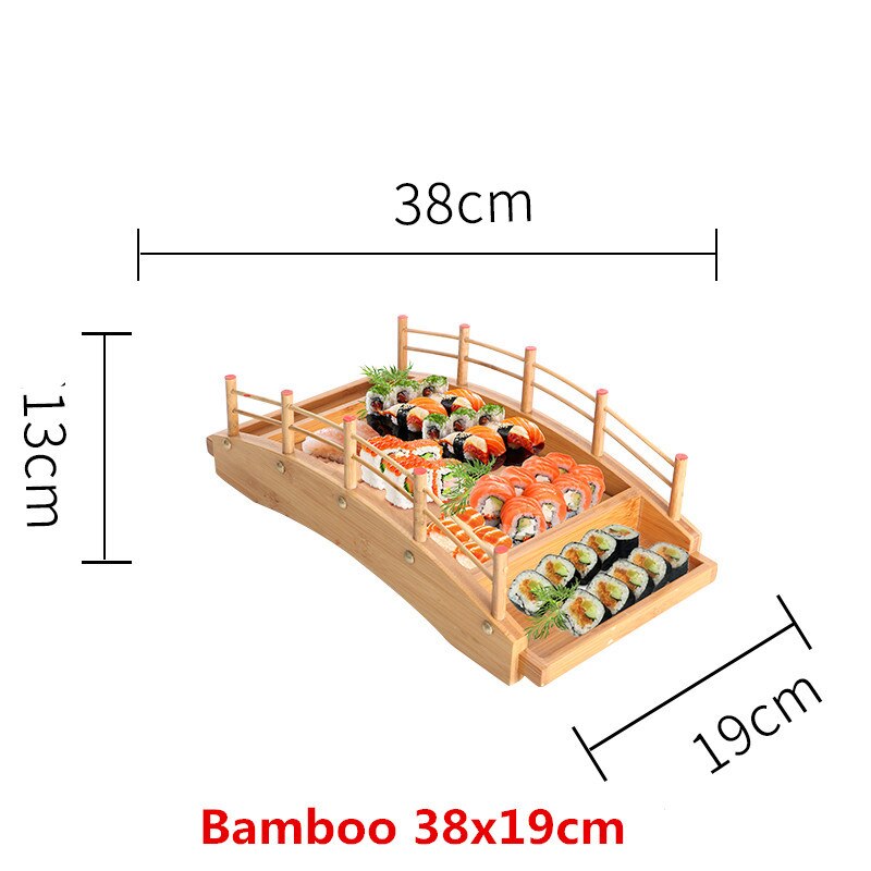 Japansk træ træ køkken sushi bro både fyrretræ sushi sashimi tallerken fad sushi bordservice dekoration ornament: Bambus 37 x 18 xh 13cm