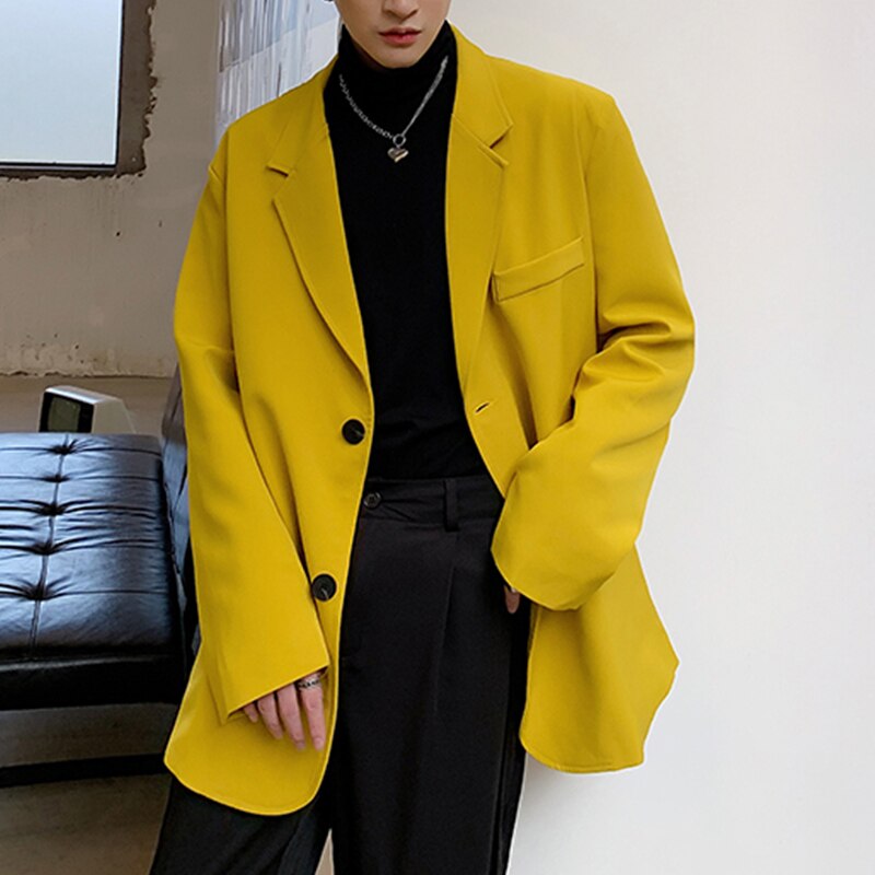 Men Bright Yellow Suit Jacket Notched Lapel Loose Fit Two-Buttons Single Breasted Casual Jackets Spring Mens Outerwear