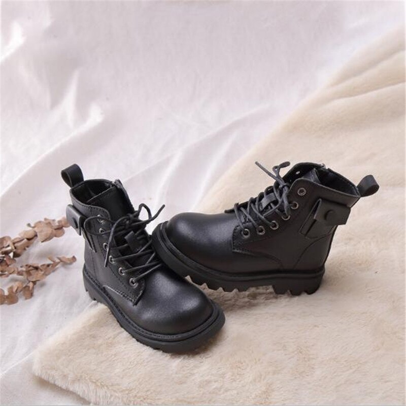 Autumn/Winter Children Ankle Boots Girls Boys Black Zip Motorcycle boots Baby With Plush Snow Boots Kids Toddler Shoes 019