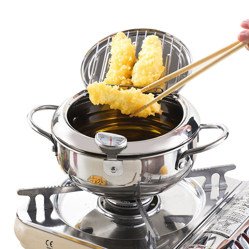 Japanese Deep Frying Pot with a Thermometer and a Lid 304 Stainless Steel Kitchen Tempura Fryer Pan 20cm