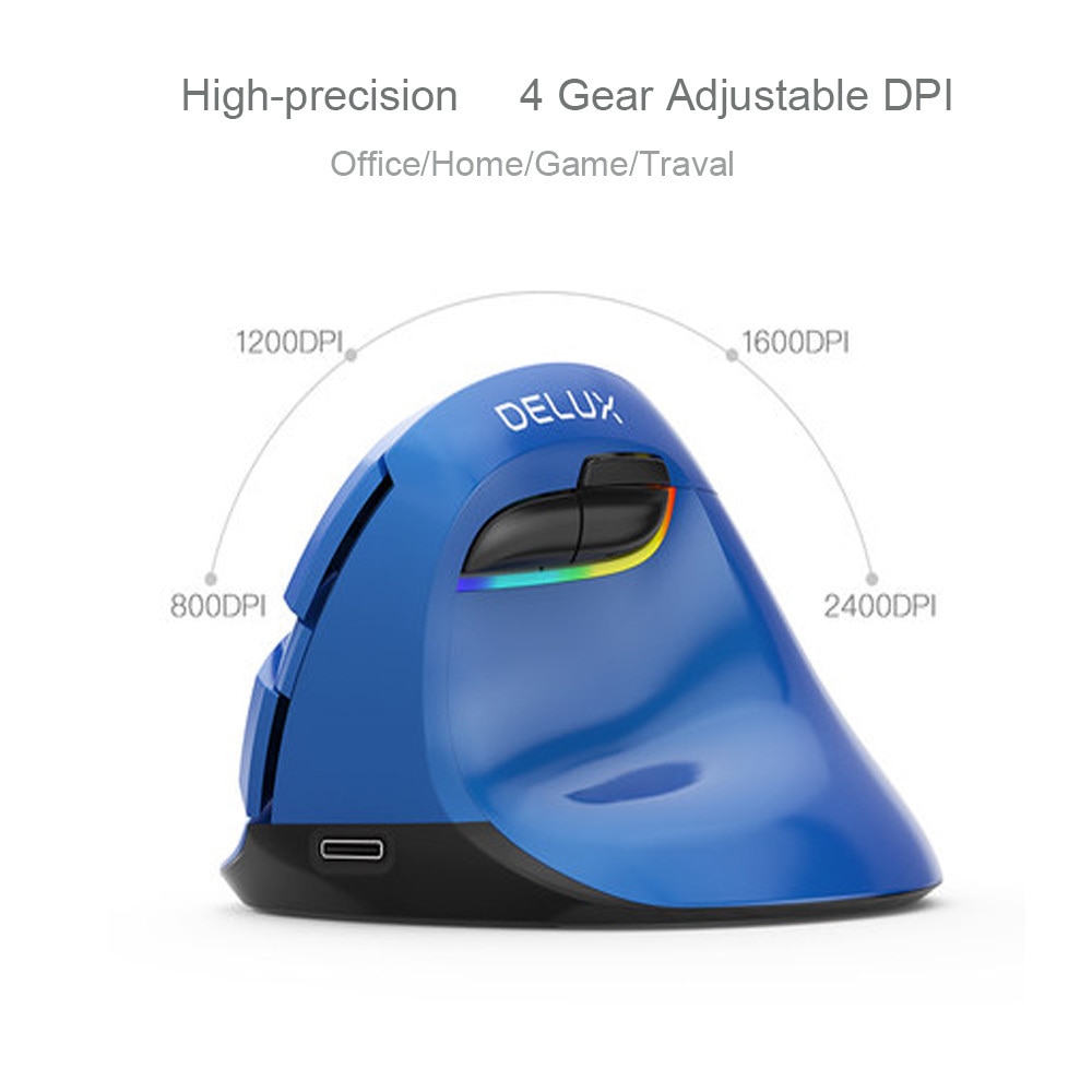 Delux M618 – Mini souris de jeu verticale ergonomique sans fil, Bluetooth, Rechargeable, rétroéclairée rvb, pour ordinateur portable