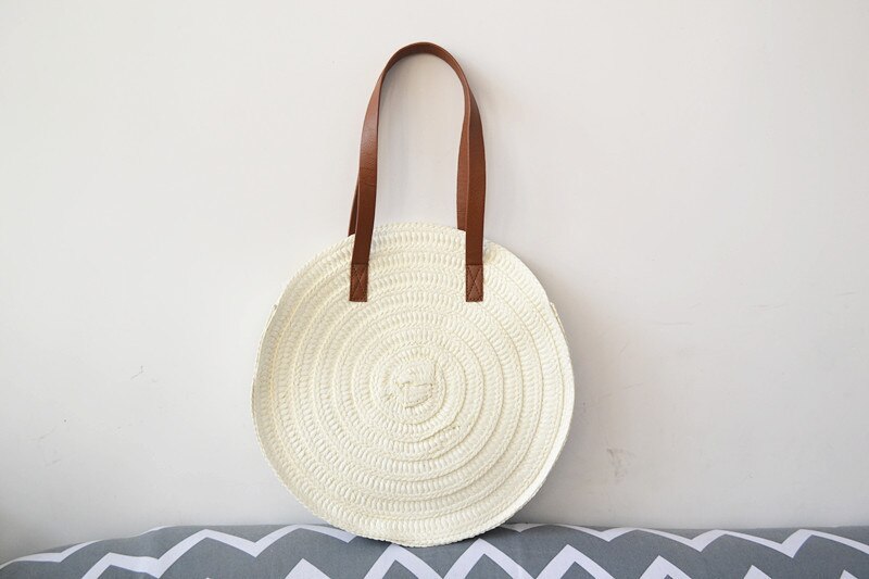 Vintage Braided Straw Bag Single Shoulder Handbagsc Vcation Beach Bags Boho Shoulder Bag: white