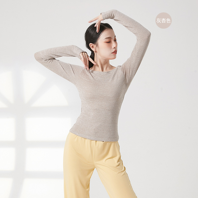 Dansen Praktijk Kleding Voor Vrouwen Folk Stijl Body Rijm Yoga Top Lange Mouw Duim Vinger Gat T-shirt Slim Moderne volwassenen 2XL: M / GRIJS