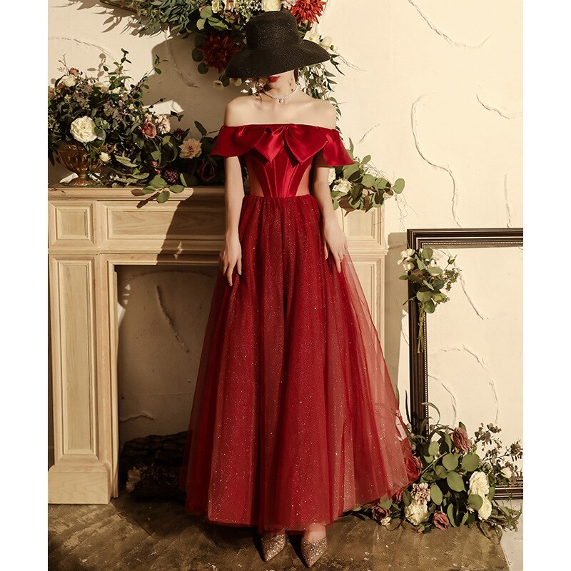 Vestido de noche para mujer, vestido de boda de color burdeos, vestido de novia tostado, Banquete de compromiso de gama alta