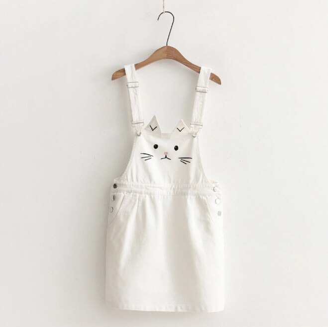 Women Strap Skirt Kawaii Cute Cat Ear Embroidery Suspender Skirt Mini Skirts Japanese Style Mori Girl Lolita 8446: White / M