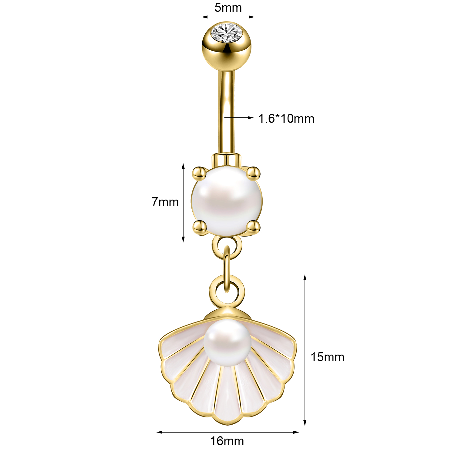 AOEDEJ, 14G, 1 pieza, anillo para Piercing en el ombligo de estrella de mar de cristal, joyería para Piercing corporal con perlas, anillo para el ombligo de concha para mujer de verano: Color oro puro