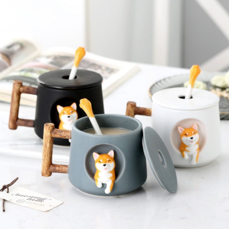 Søt tegneserie dyr shiba inu keramisk krus menn og kvinner par med lokk skje drikkevann kaffekopp