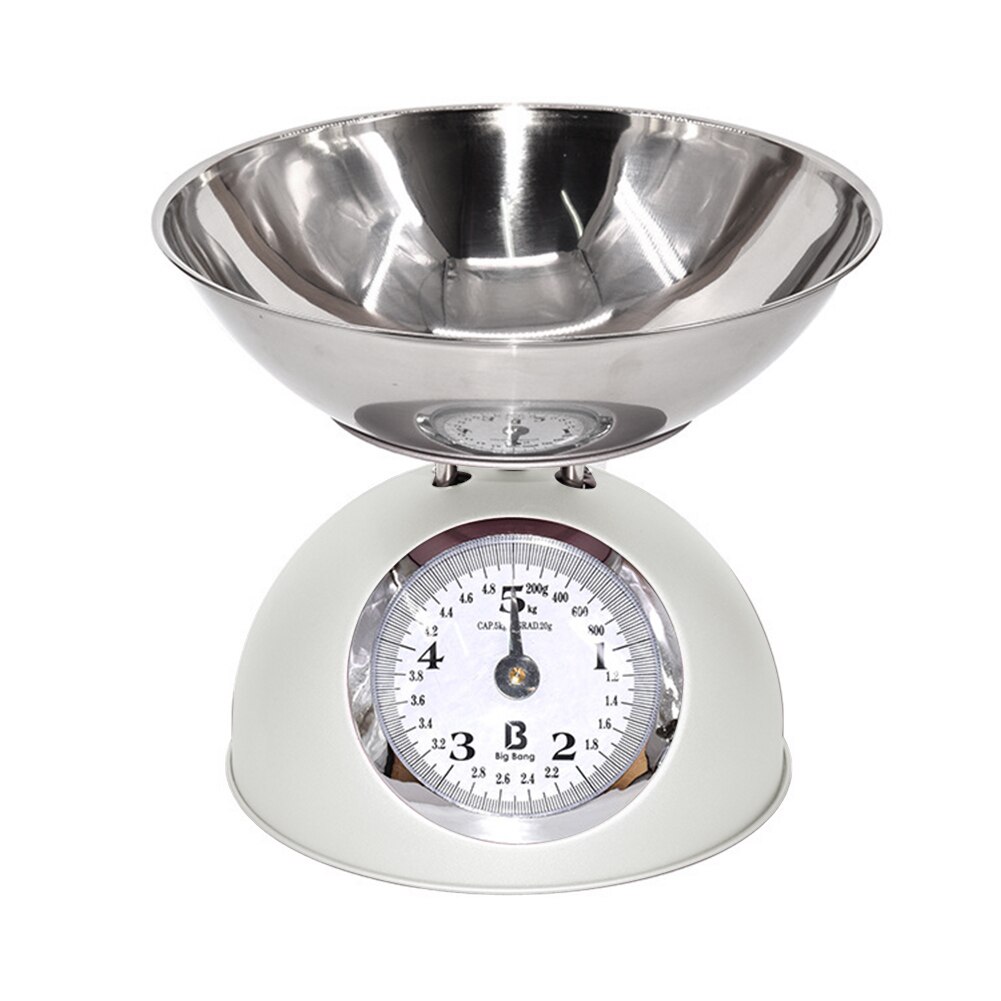 Báscula mecánica de 5kg para restaurante, cocina, comida para pesar el hogar con Bol, cocina fácil de leer, acero inoxidable Retro preciso: Blanco