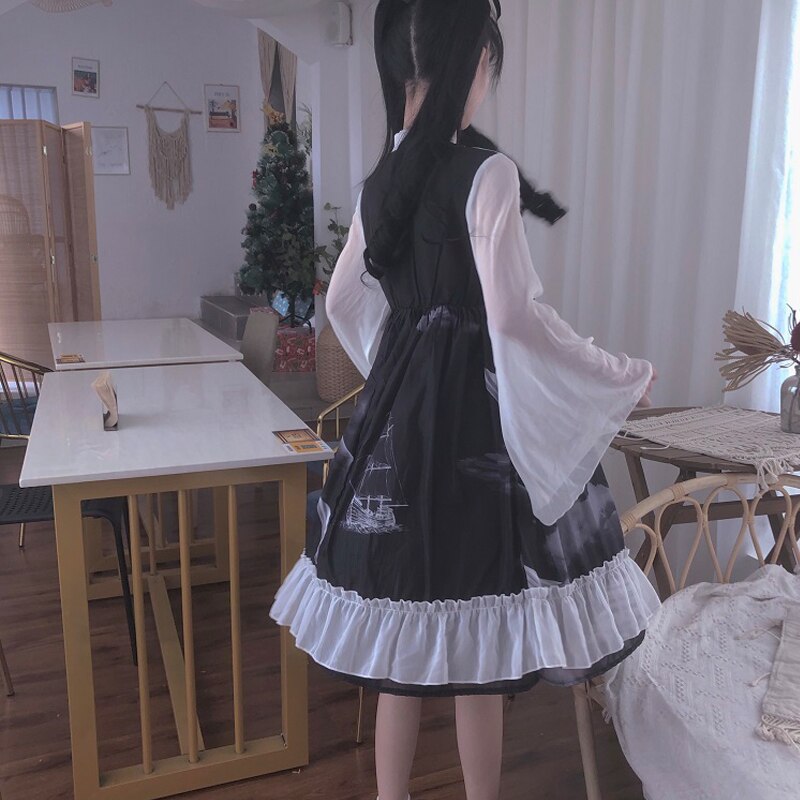 Vestido lolita para mujer, manga larga, gasa negra/roja, disfraces dulces, ropa lolita japonesa kawaii, vestido lolita gótico  vo786
