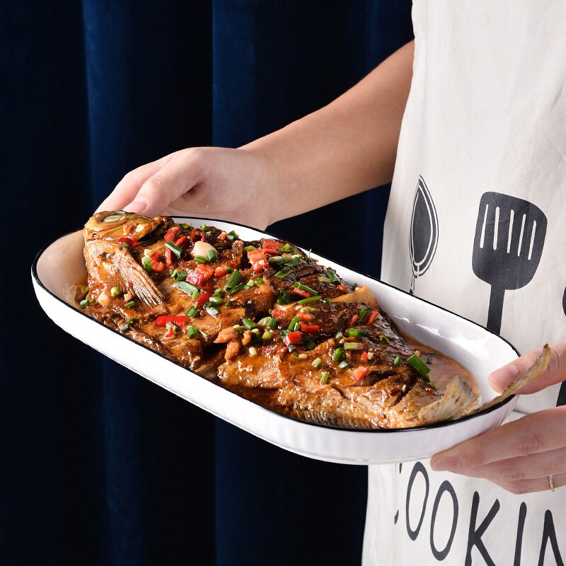 Household Ceramic Steamed Fish Plate, Large Fish Plate, Light Luxury Dish, Dinner Plate, Oval Fish Dish