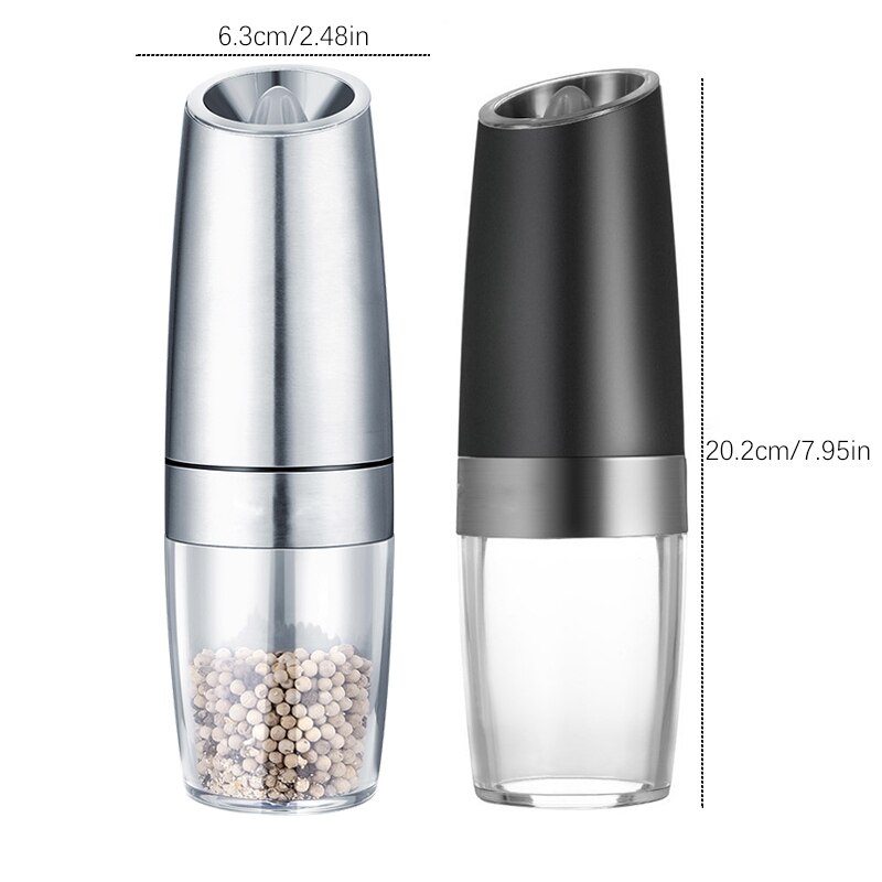 2Pcs Zwaartekracht Elektrische Zout En Peper Molen Automatische Pepermolen Led Licht Spice Kruid Batterij Keuken Gadgets Zwart En slive