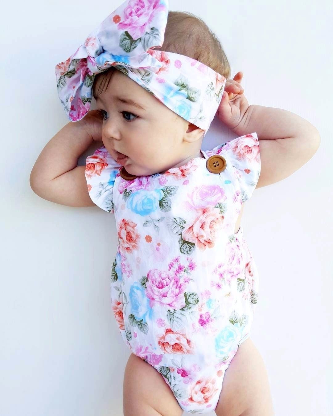 Baby Mädchen Blumen- Karosserie Gesamt Sommer Stirnband Sunsuit Outfit einstellen Babys Sommer Baumwolle Blumen- Baby Kleidung