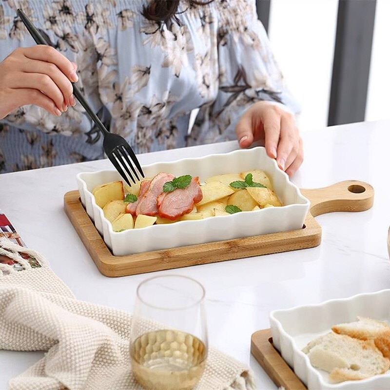 Nordisk håndtag træbakke lang / firkantet hvid keramisk fad restaurant køkken hjem western mad bagefad ris serveringsfad