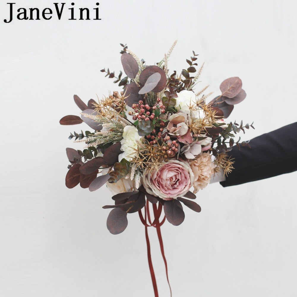 Janevini tappning höst bröllop bukett ramo konstgjord brud choklad silke pion europeiska hålla blommor bröllop tillbehör