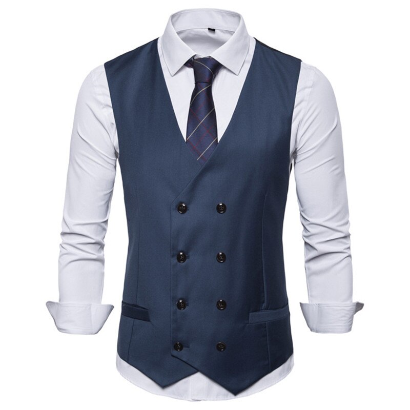Män dubbelknäppt väst vår män klänning kostym väst höst män formell grå väst kostym gilet väst slim business jacka toppar homme: Marinblå / M