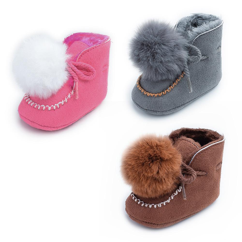 Mooie Pompon Baby Laarzen Effen Kleur Lace-Up Thicken Coral Fleece Peuter Antislip Prewalker Winter Warm Sneeuw schoenen