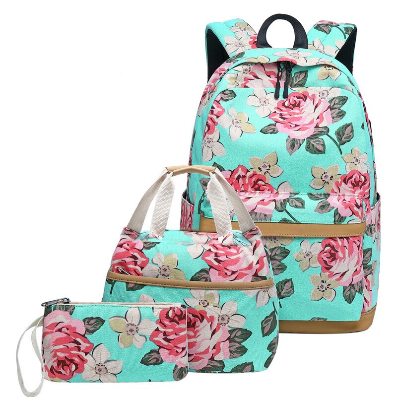 Bloemen Meisjes Rugzak voor School Lichtgewicht Bookbags Satchel College Tassen Tiener Meisjes Kids Schooltas Set Vrouwen Reizen Dagrugzak: X625 Green 1 Set