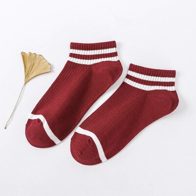 10 pieces = 5 pairs of women's socks shallow mouth Korean lovely summer cotton thin low top striped two bar tide boat socks wome: claret