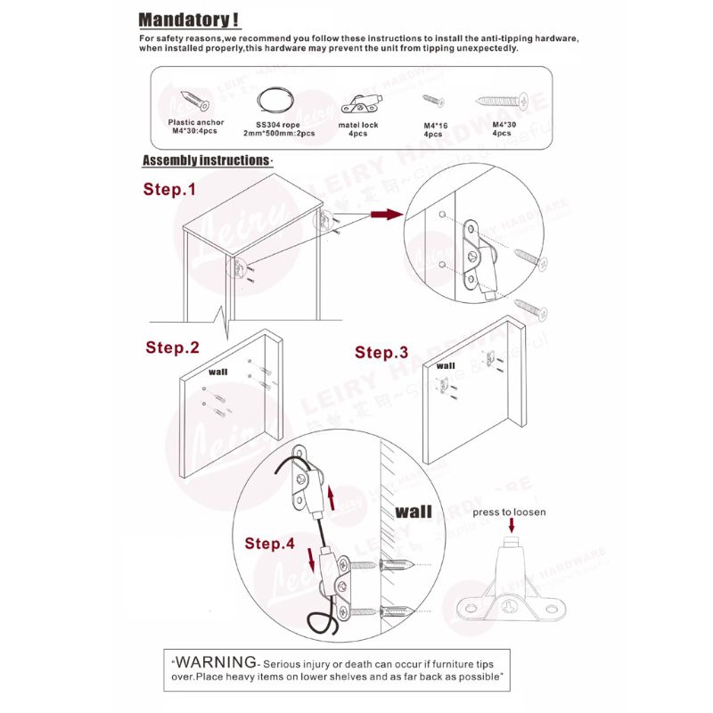 Metal Anti-Tip Furniture Anchor Safe Strap Wall Mounted Baby Proofing Secure Kit
