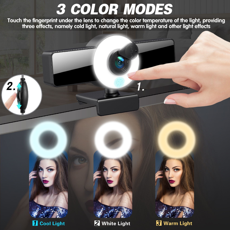 1080P/2K/4K Webcam with Ring Selfie Light Fill Light Built-in Microphone HD Camera for Computer PC Auto Focus Image Sensor