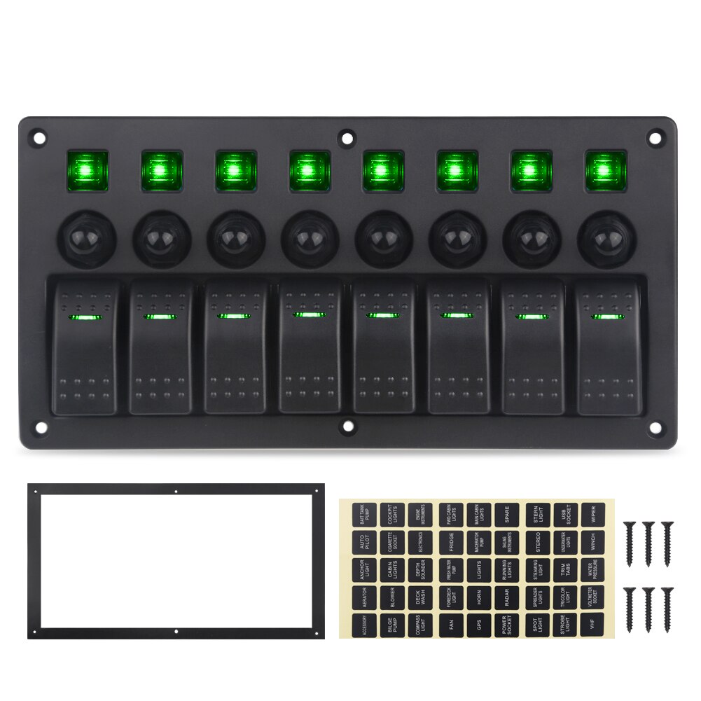 Til jeep switch panel 8 gang 12v 20a 24v 10a vandtæt on-off 5 pin båd marinebil 12v rocker led panel switch med breakers: Grøn