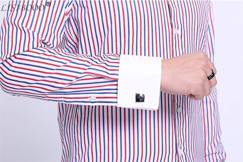 LISIBOOO Men Casual Slim Fit Shirt Mens Long Sleeve Business Dress Shirt French Cufflinks Shirt Male Striped Shirt