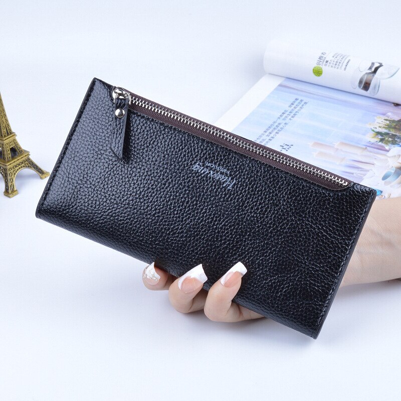 Women's Wallet Purses Luxury Zipper Clutch Thin Wristlet Phone Bag Card Coin Long Purse Women Leather Female Wallets: Black