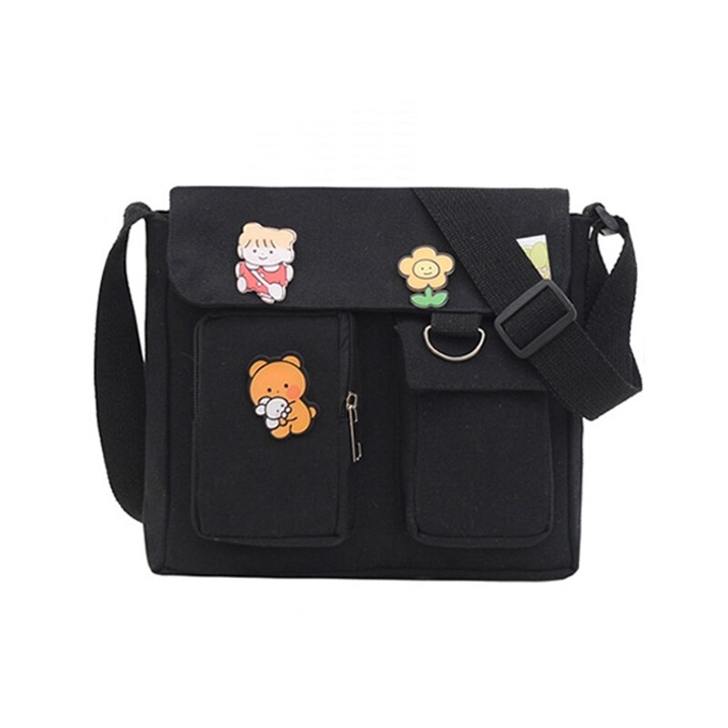 Quadratische umhängetasche für damen, lässige schultertasche mit überschlag und aufnähern, verstellbare träger, messenger bag aus canvas für damen