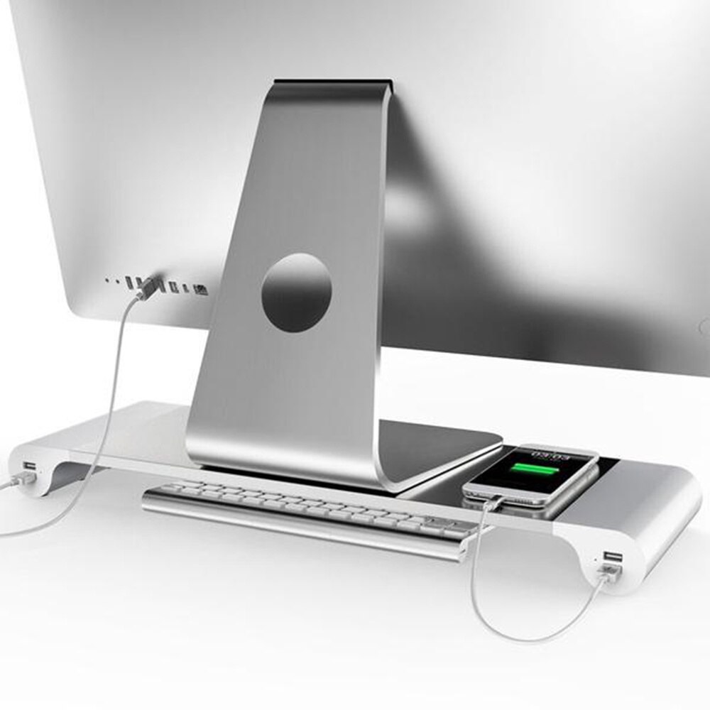 Aluminium Usb Opladen Poorten Computer Monitor Stand Laptop Riser Houder Met Plug (Zilver)