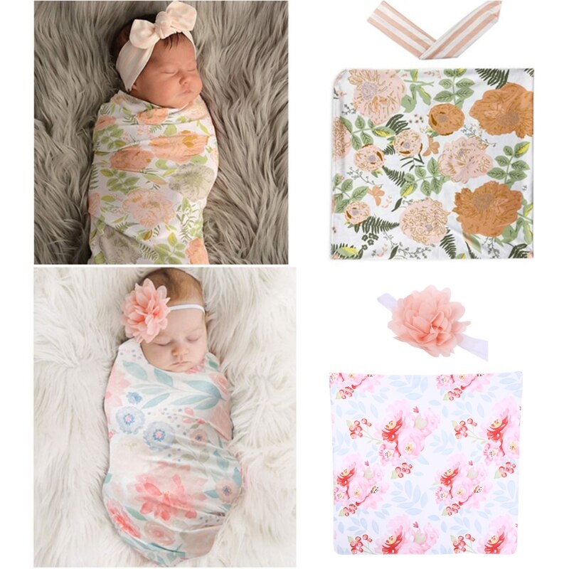 2 uds. De envoltura Floral para Recién Nacido + conjunto de diadema, manta receptora de algodón para bebé, saco de dormir, banda para el pelo