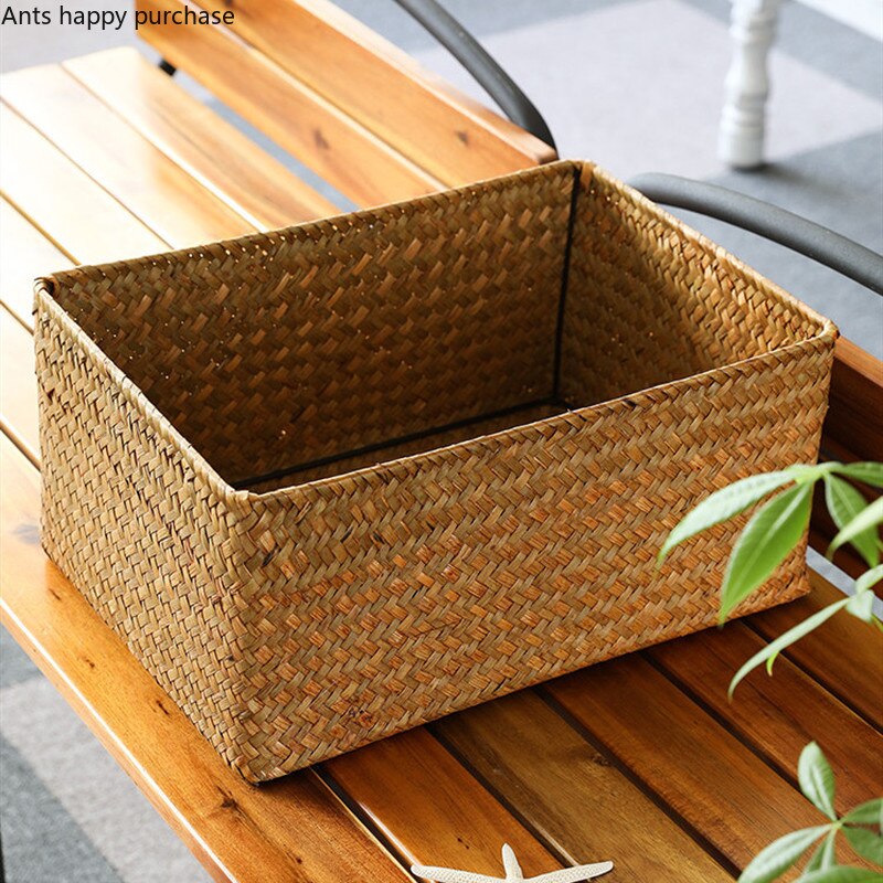 Straw Storage Box with Lid Rectangular Household Living Room Retro Sundries Woven Storage Basket Bedroom Clothing Storages Box