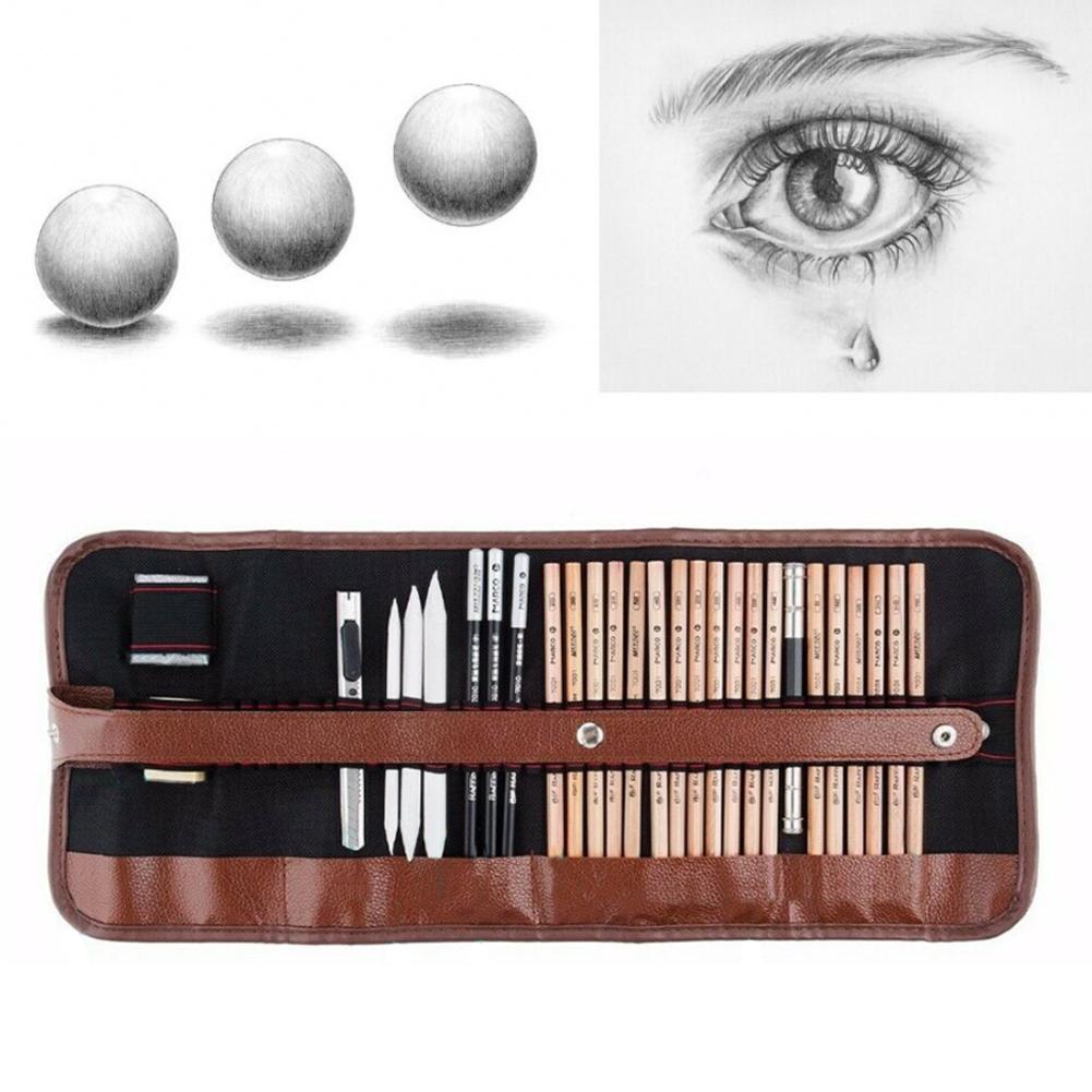 Marley 29 pcs Esboço Profissional & Ferramenta de Desenho de Arte Grafite Knif Caneta Apagável Caneta, Lápis, com o Ofício De Papel do Carvão Vegetal Lápis T6J6