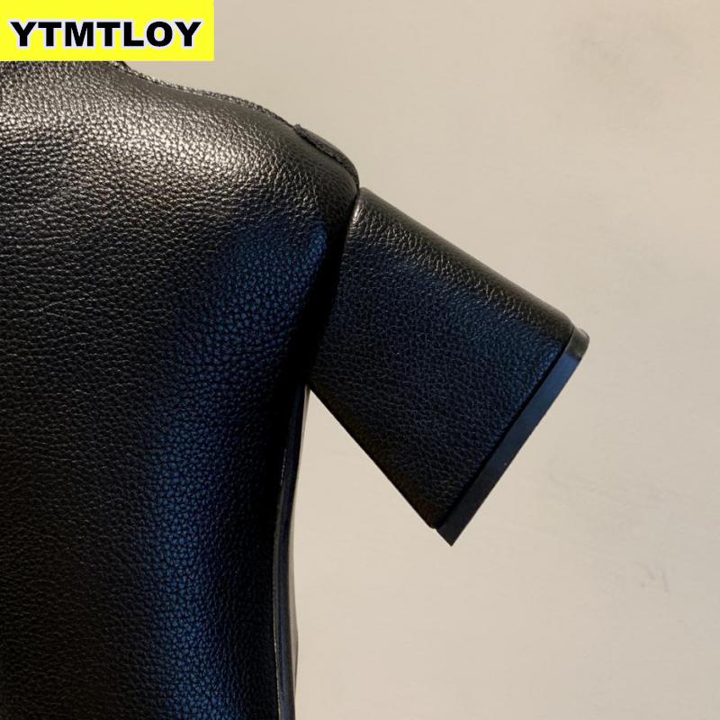 neue Leder Stiefeletten Frauen Dicke hoch Fersen Reißverschluss Spitz Herbst Winter Frau Schuhe Platz Ferse Weiß schwarz