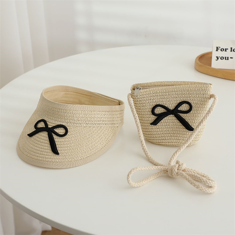 Chapéu de palha e bolsa de ombro verão para meninas, chapéu de sol superior vazio infantil, aba grande, bowknot, viseira de praia ao ar livre, boné de sol para bebê: Branco