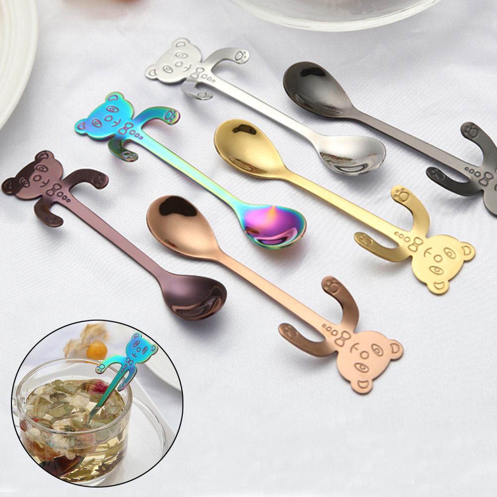 1PC Stainless Steel Rainbow Bear Spoons Hanging Cups Ice Cream Dessert Coffee Tea Spoon Tableware Kitchen Tool Flatware