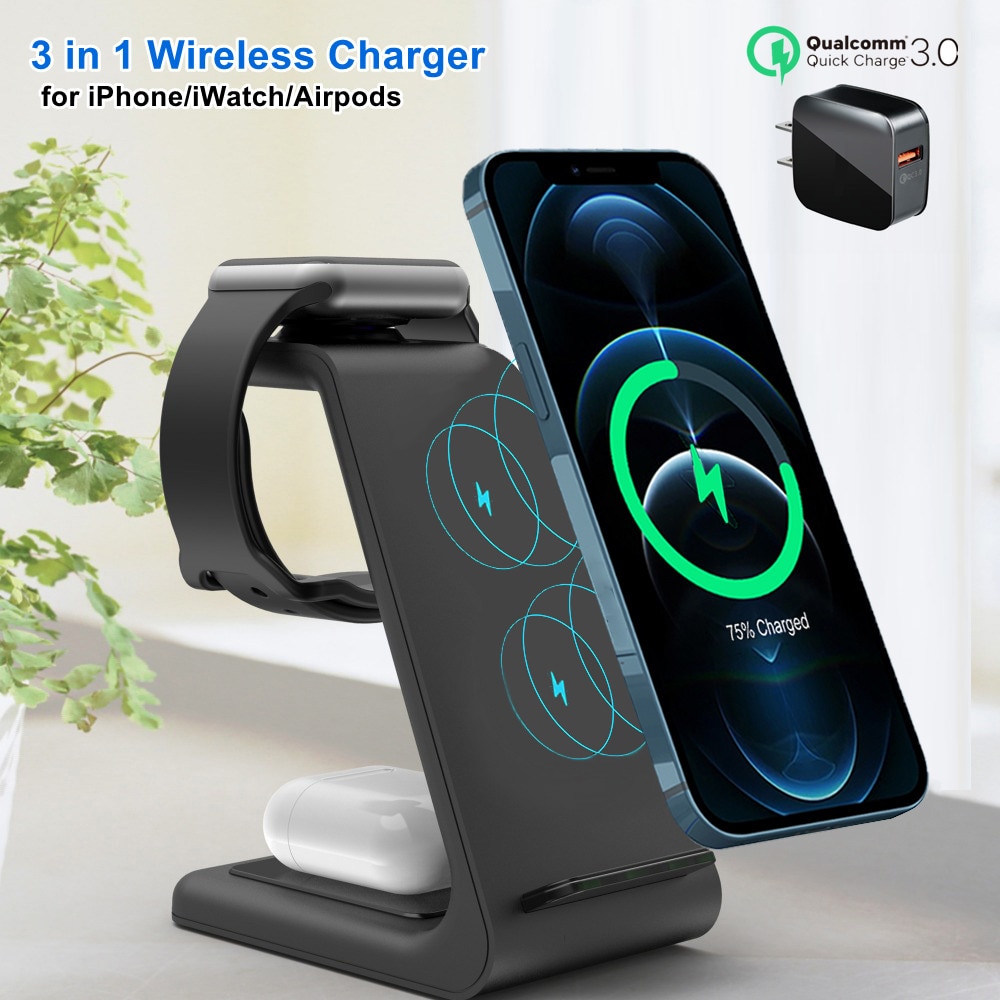 Cargador inalámbrico 3 en 1, carga rápida de 10W para iPhone 11 pro/XR/Xs Max, Samsung, Apple Watch 5 4 3, Airpods pro con cargador de la UE