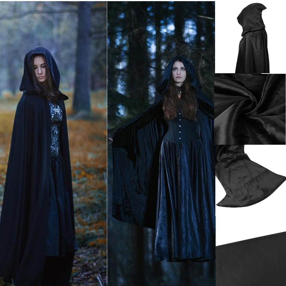 Halloween Cloak Soft Unisex Hooded Black Robe Witch Long Cape Cosplay Costume Prop Party Performance Supplies Decoration