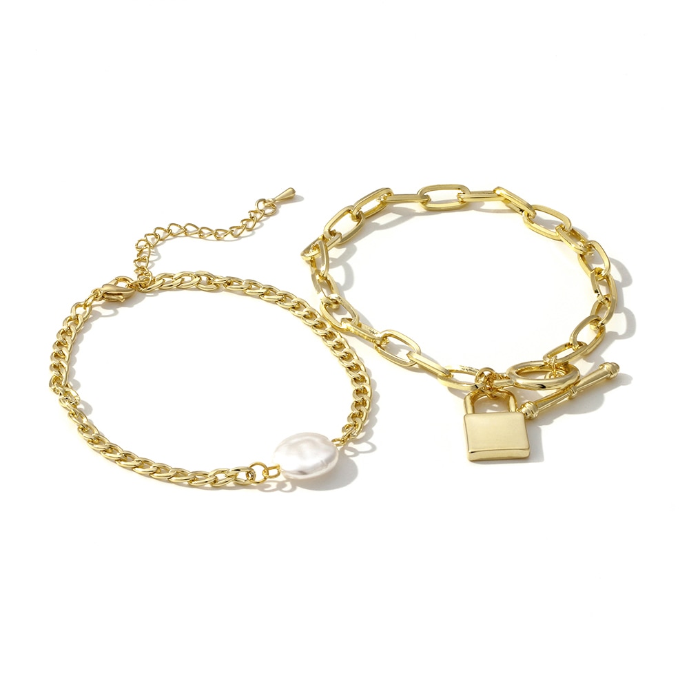 Yhpup Combination Bracelet Trendy Gold Imitation Pearls Bangle 2PCS Girlfriend Lovers Jewelry Accessories for Female Office 16 K