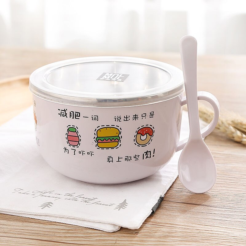 Stainless Steel Double Layer with Lid and Spoon Bowl Set Noodle Bowl Instant Noodle Bowl Anti-scalding Cute Rabbit Cutlery Set: Orange