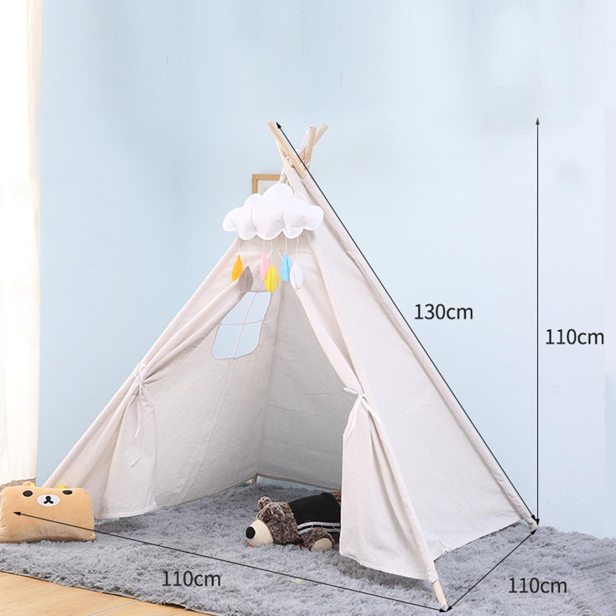 1.3m-Large Canvas Teepee Tent Kids Teepee Tipi with Grey Pom Poms Indian Play Tent House Children Tipi Tee Pee Tent NO MAT: White