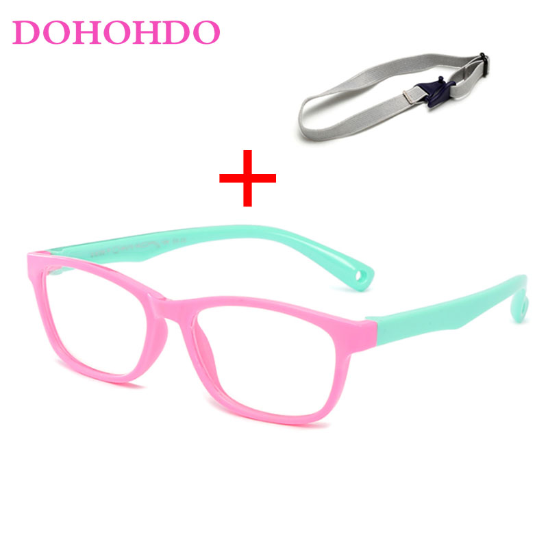 DOHOHDO 2022 Flexible Kids Eyeglasses Frame Glasses For Child Boys Girls Degree Myopia Optical Frames With Lanyard Square: pink green