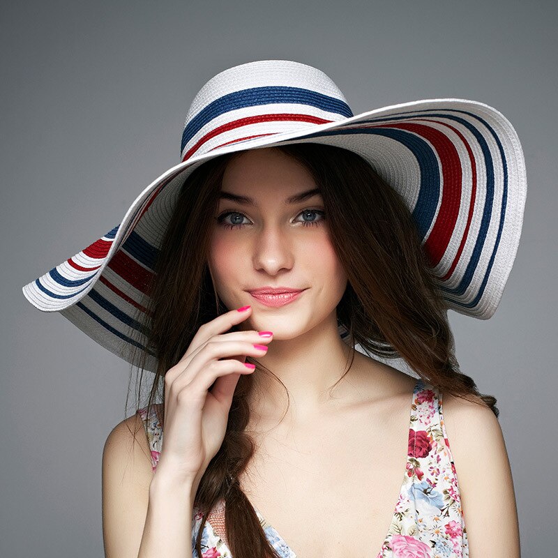 Sombrero de paja para el sol para mujer, gorra de playa con protección solar UV, a rayas red y white,informal