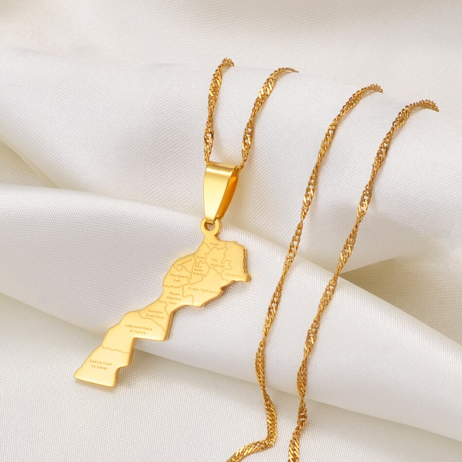Anniyo Maroc Mappa e città Nome Collana con ciondolo Gioielli color oro per donna Uomo Mappa del Marocco @ 236721