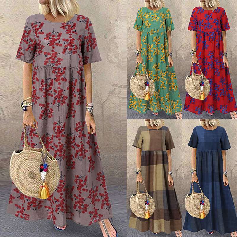 ZANZEA – Robe Maxi imprimée Vintage pour femmes, tenue d'été décontractée, manches courtes, , motif Floral, col rond, 2023