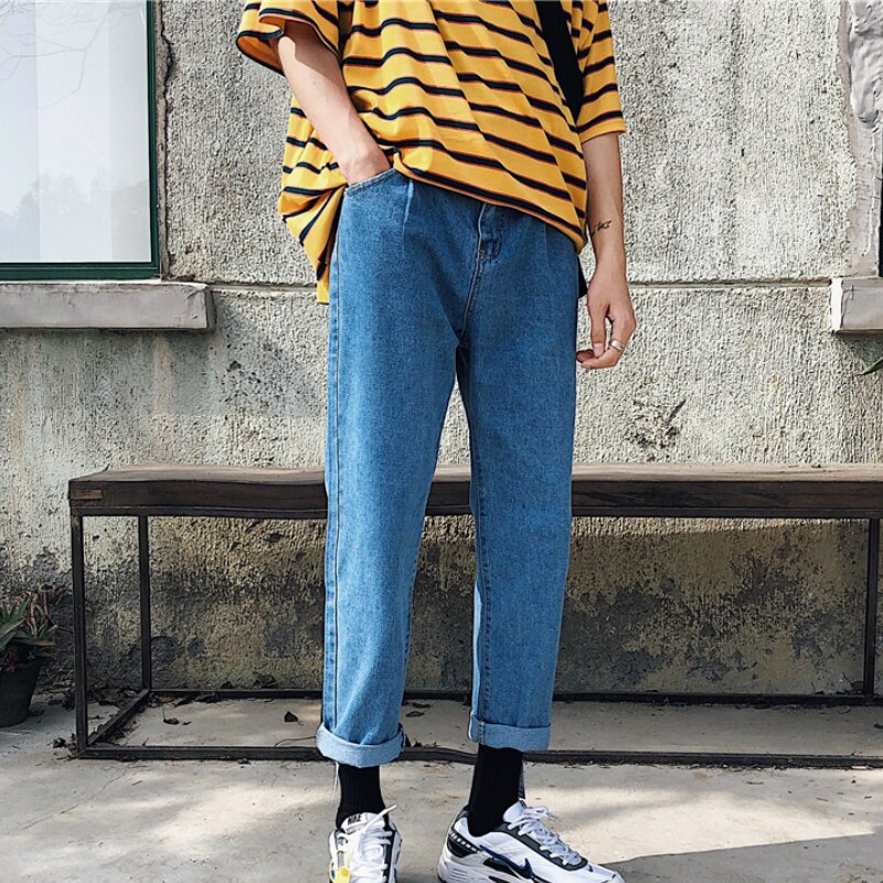 Jeans menn rette bukser løs fritid trendy harajuku herre ankellang enkel matchende pluss størrelse 3xl bunt solid retro