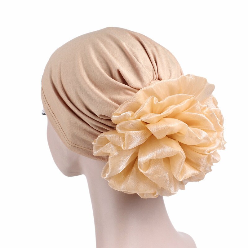 Grote Bloem Vrouwen Tulband Hoed Moslim Hoofddoek Stapel Hoop Cap Vrouwen Zachte Comfortabele Hijab Caps Islamitische Chemotherapie Hoed: Beige