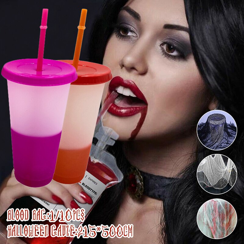 1pc återanvändbara färgbytande kalla koppar pp tumlare med lock blod vampyr fest kopp hemsökt hus dricka halloween magiska koppar 700ml