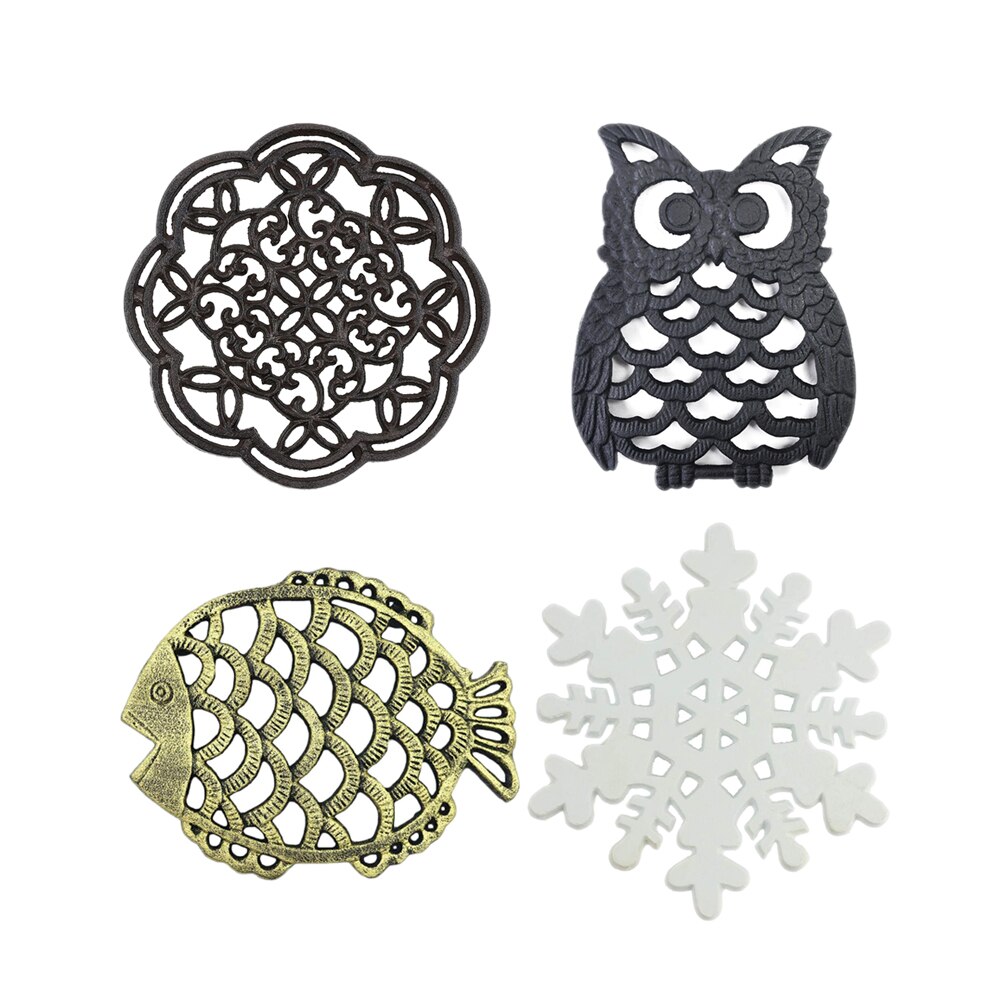 Dessous de plat de théière en fonte, Vintage fleur/hibou/poisson/flocon de neige, support de Pot rond, tapis creux, coussin isolant, décor de Table, cuisine, 1 pièce