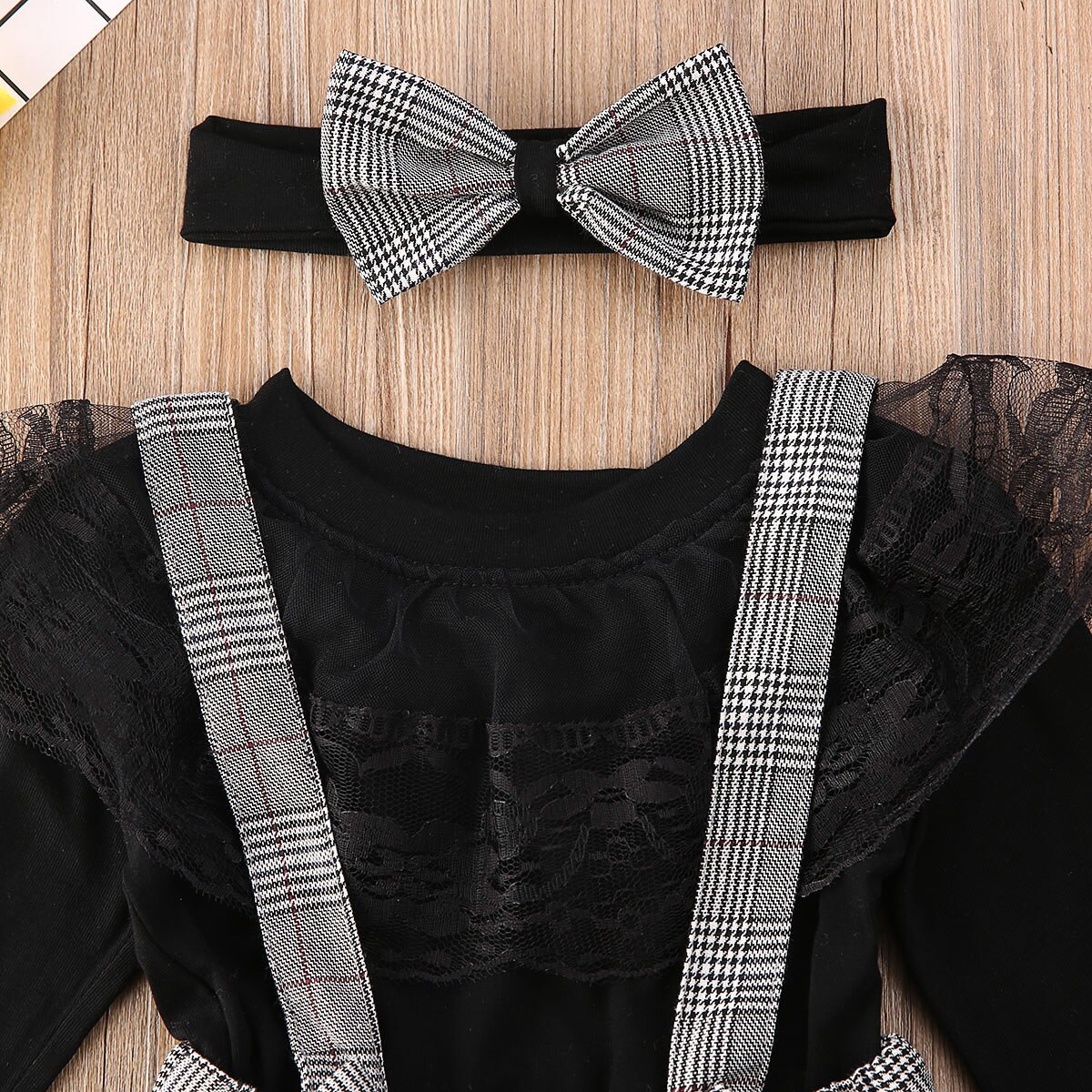 Cathery lillasyster bror matchande outfits byxa hängslen byxor spets volang t-shirt rutig kjol pannband klädsats